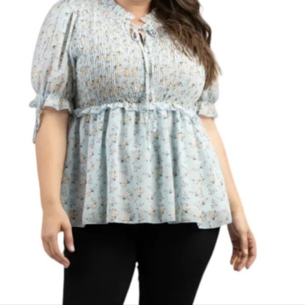 American Bling Blue Floral Lightweight Peplum Blouse 3X NWT - Picture 3 of 12